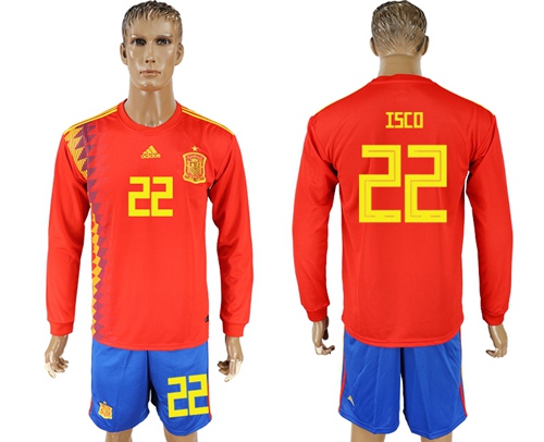 Spain #22 Isco Red Home Long Sleeves Soccer Country Jersey - Click Image to Close